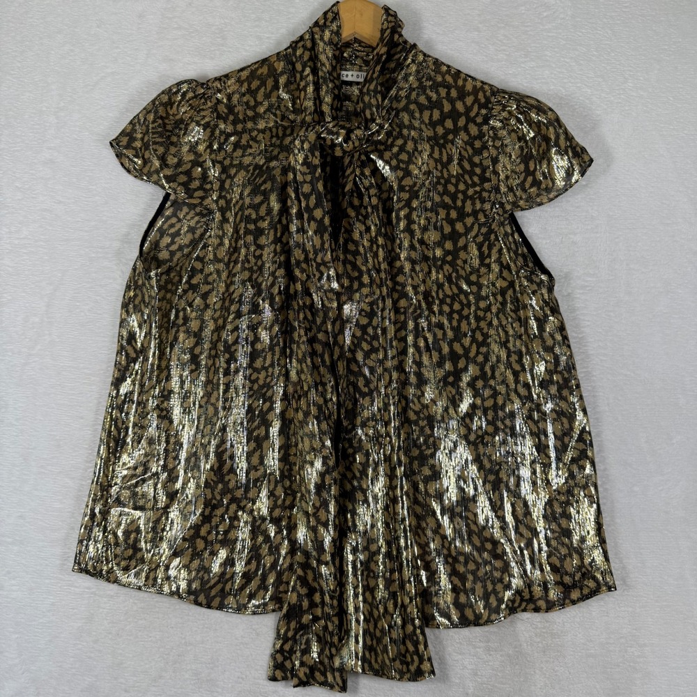 Alice + Olivia Gold Metallic Leopard Silk Blend Tie Neck Cap Sleeve Blouse L